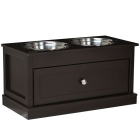 PawHut Double Elevated Dog Bowls for Large Dogs, Raised Dog Feeding Station with 2 Stainless Steel Bowls, Storage Drawer & Wood Stand for Cats, B