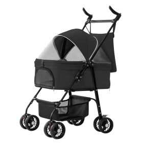 4 Wheels Pet Stroller Foldable Carrier Strolling Cart Travel Jogger Pet Stroller With Removable Liner Storage Basket For Dog Cat (Option: rBlack)